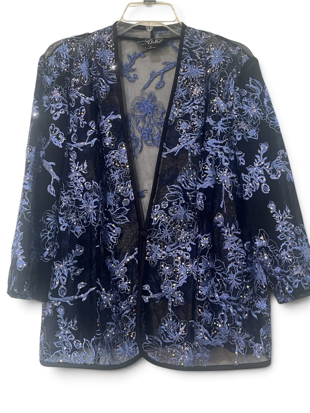 Alex Evenings Black Mesh Blazer with Blue Floral Embroidery